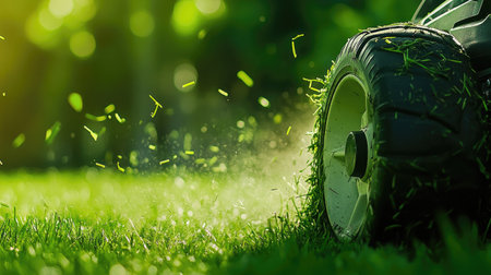 A close-up view of a lawn mower wheel cutting through fresh green grass, capturing the essence of summer gardening and outdoor maintenance under dappled sunlight.の素材