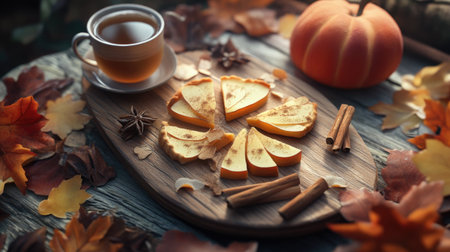 A cozy autumn still life featuring pumpkin slices, warm tea, and colorful leaves. This rustic arrangement captures the essence of fall with inviting textures and vibrant hues.の素材