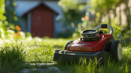 A vibrant red lawnmower rests in a rich green garden, surrounded by lush grass and illuminated by soft sunlight, showcasing a fresh and peaceful outdoor scene.の素材