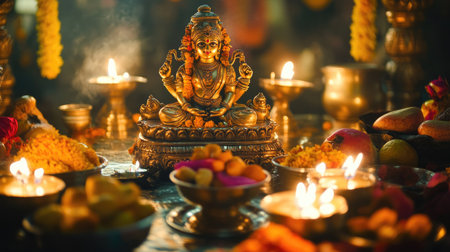 A stunning golden statue of a goddess illuminated by soft candlelight, surrounded by colorful offerings. This image captures the essence of celebration and spirituality.の素材