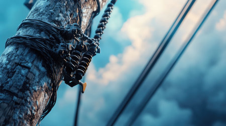 A close-up view of a utility pole featuring insulators and electrical wires against a cloudy sky, showcasing the connection between technology and environment.の素材