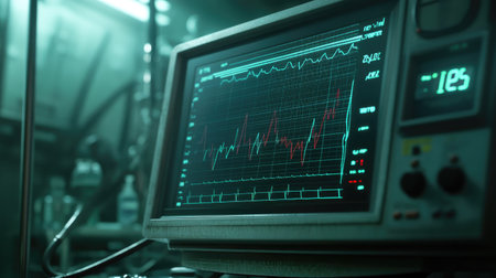 A vintage monitor screen showcases detailed graphs and data in a dimly lit environment, reflecting technology used for data analysis and monitoring.の素材