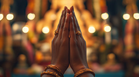Beautiful hands in a prayer position adorned with jewelry, set against a vibrant altar filled with soft lights, symbolizing devotion and spirituality in a serene atmosphere.の素材