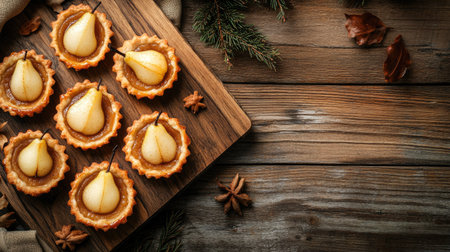 Indulge in these beautiful pear tarts topped with cinnamon, showcased on a rustic wooden table, perfect for autumn gatherings and seasonal celebrations.の素材