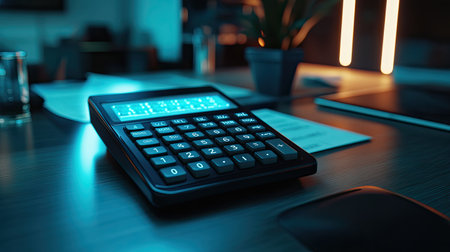 A modern calculator rests on a wooden desk, illuminated by soft blue lighting, creating a peaceful workspace ideal for calculations and financial planning.の素材