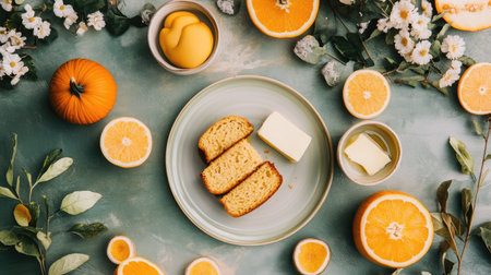 A delightful arrangement featuring freshly baked orange cake slices, butter, and vibrant citrus fruits on a green surface. Ideal for culinary projects.の素材
