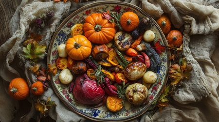 A vibrant autumn harvest display featuring pumpkins and seasonal vegetables artfully arranged on a decorative platter, highlighting nature's bounty.の素材