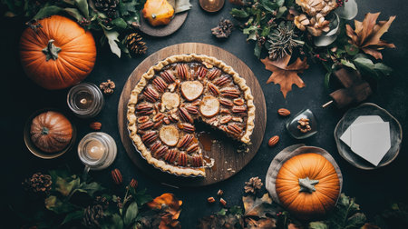 An inviting autumn harvest scene showcasing a pecan pie surrounded by seasonal decorations. Perfect for celebrating warmth, festive gatherings, and cozy moments.の素材