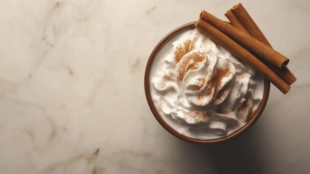 A delicious hot beverage topped with creamy whipped cream and sprinkled with cinnamon. Perfect for cozy mornings or festive celebrations!の素材