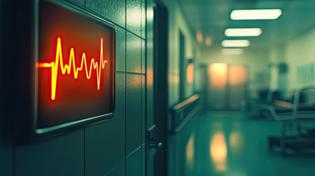 A vivid yellow heartbeat monitor brightens a quiet hospital corridor at night, symbolizing health and emergency readiness in a clinical environment.の素材