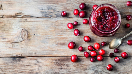 A delightful jar of fresh cranberry jam sits on a rustic wooden table, surrounded by vibrant red berries. This image captures the essence of homemade sweetness and seasonal cooking.の素材