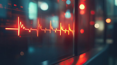 A captivating image of a red heartbeat line displayed against a dark background, with blurred lights creating an atmospheric effect, symbolizing life and health.の素材