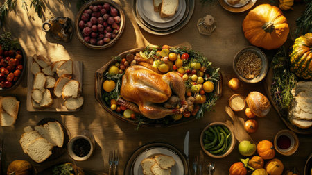 A beautifully arranged Thanksgiving feast featuring a roasted turkey surrounded by an array of seasonal fruits and vegetables, evoking warmth and togetherness.の素材