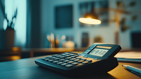 A close-up view of a calculator on a wooden desk in a cozy home office. Soft ambient lighting highlights the workspace, creating a productive atmosphere.の素材