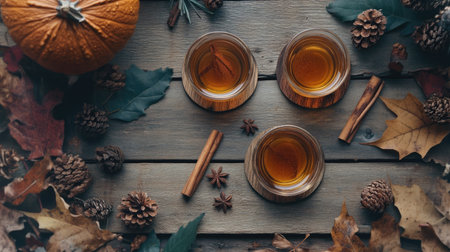 A cozy autumn arrangement featuring warm drinks in glass, surrounded by natural elements like pine cones, leaves, and pumpkins. Perfect for seasonal ambiance.の素材