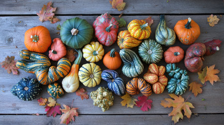 A stunning display of colorful pumpkins and gourds on a wooden surface, surrounded by autumn leaves. Perfect for seasonal decoration and harvest themes.の素材
