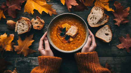 Enjoy a warm bowl of pumpkin soup paired with fresh bread amidst autumn leaves, capturing the essence of cozy dining and seasonal flavors. Perfect for fall!の素材