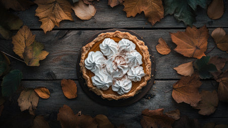 A beautiful pumpkin pie topped with fluffy cream sits on a rustic wooden table adorned with autumn leaves, perfect for seasonal gatherings and celebrations.の素材