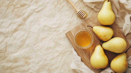 A vibrant arrangement of fresh pears with honey on a wooden board, perfect for a healthy snack idea. The soft textures create a warm, inviting vibe.の素材