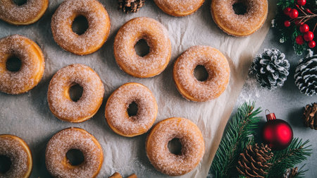 A visually appealing arrangement of sugar-coated doughnuts on a rustic table, accompanied by seasonal decorations like pine cones and berries, creating a festive atmosphere.の素材