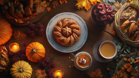 A warm and inviting autumn table layout featuring pastries, pumpkins, and candles. Enjoy the seasonal colors and cozy atmosphere perfect for gatherings.の素材