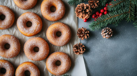 A delightful arrangement of freshly baked donuts dusted with sugar is complemented by pine cones and Christmas decorations. Perfect for festive gatherings!の素材