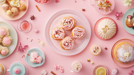 A vibrant display of various desserts, featuring cakes, pastries, and sweet toppings on a soft pink background. Perfect for celebrations and events.の素材