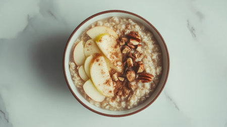 A cozy warm oatmeal bowl featuring sliced apples, chopped nuts, and a sprinkle of cinnamon. Perfect for a healthy breakfast or snack choice.の素材