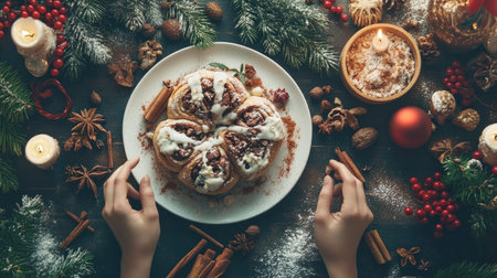 A beautifully arranged plate of cinnamon rolls drizzled with cream icing, surrounded by seasonal garnishes, candles, and festive decorations, creating a warm and inviting holiday atmosphere.の素材