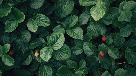 Close-up of lush green strawberry leaves featuring ripe red fruits. The vibrant foliage showcases the beauty of nature and healthy growth in a garden setting.の素材