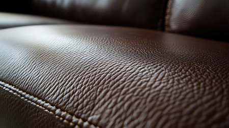 This close-up image showcases the rich texture of brown leather upholstery, highlighting the smooth and soft surface, perfect for modern interior design.の素材