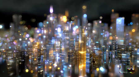 A stunning cityscape at night showcasing vibrant blurred lights and glowing skyscrapers, creating a mesmerizing urban landscape rich in color and energy.の素材