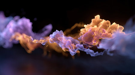 This abstract image features an ethereal swirl of colorful smoke in a dynamic motion, illuminated by soft lighting, creating a dreamy and artistic atmosphere.の素材