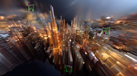 A mesmerizing abstract representation of a futuristic cityscape with shimmering skyscrapers and dynamic light trails that create an engaging visual experience.の素材
