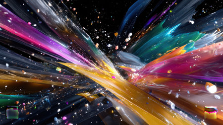 Experience an eye-catching abstract digital artwork featuring an explosion of vivid light rays and colorful particles, creating a dynamic visual journey.の素材