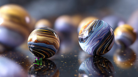 A captivating image featuring abstract colorful spheres with swirling patterns on a reflective surface, accompanied by a small figure, evoking a sense of fantasy and creativity.の素材
