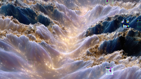 Explore a mesmerizing cosmic landscape filled with flowing waves of light and vibrant colors. This surreal image captures the beauty of deep space, inviting imagination and wonder. Perfect for backgrounds or artistic projects.の素材