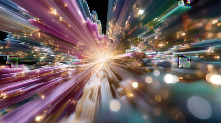 This stunning image captures a vibrant energy burst with colorful light rays and sparkling particles, creating a mesmerizing cosmic atmosphere full of dynamic motion and beauty.の素材