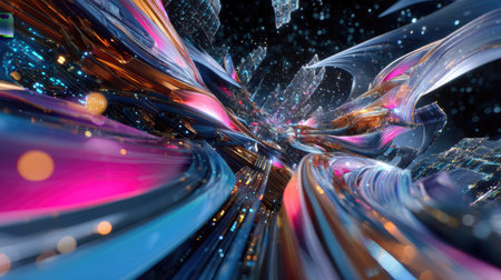 This striking abstract image features vibrant flowing lights and shapes, creating a mesmerizing futuristic space visual. The dynamic energy and colors inspire creativity.の素材