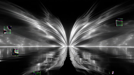 This stunning black and white digital artwork features smooth lines and light effects creating a mesmerizing reflection on a serene water surface. Ideal for modern decor and presentations.の素材