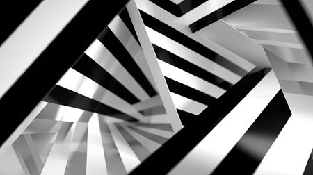This image features a striking abstract geometric arrangement of black and white lines and shapes, creating a sense of depth and perspective ideal for modern design.の素材