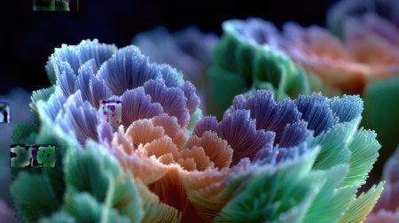 Stunning close-up of vibrant coral patterns showcasing a mesmerizing blend of blue, green, and orange hues. The intricate textures create a captivating visual experience.の素材