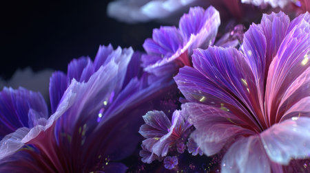 This captivating image features a vibrant abstract floral design with soft pink and purple petals, illuminated by delicate light particles, ideal for artistic projects.の素材