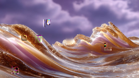 An imaginative abstract composition featuring surreal waves with colorful reflections and a dreamy cloudy background, perfect for creative projects.の素材