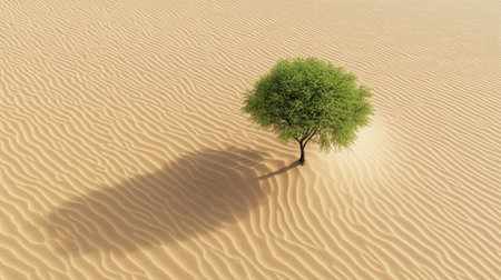 A solitary tree emerges from golden sands in a vast desert, showcasing the beauty of nature and resilience amidst a harsh environment. The intricate ripples in the sand evoke a sense of tranquility.の素材