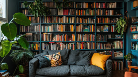 A cozy living room featuring a colorful bookshelf filled with books, a comfortable sofa adorned with cushions, and greenery that enhances the inviting atmosphere.の素材