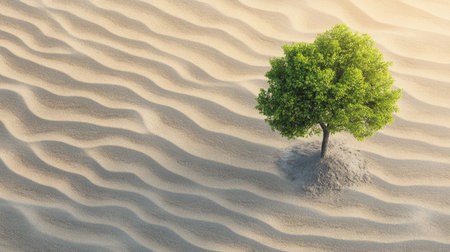 A solitary green tree stands amidst gentle sand dunes, showcasing resilience in an arid environment. This serene landscape captures the beauty of nature and solitude.の素材