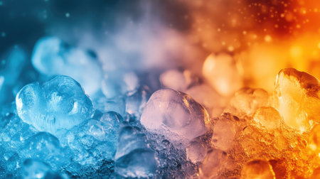 A stunning close-up view of colorful ice cubes in blue and orange hues, set against a blurred abstract background, capturing the essence of coolness and vibrancy.の素材