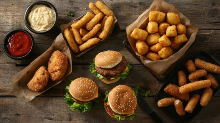 A mouthwatering arrangement of fast food items featuring burgers, crispy chicken, and golden snacks. Perfect for casual dining or gatherings.の素材