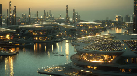 Explore a breathtaking futuristic cityscape at sunset, showcasing illuminated architecture and reflective waters. A perfect blend of innovation and beauty.の素材